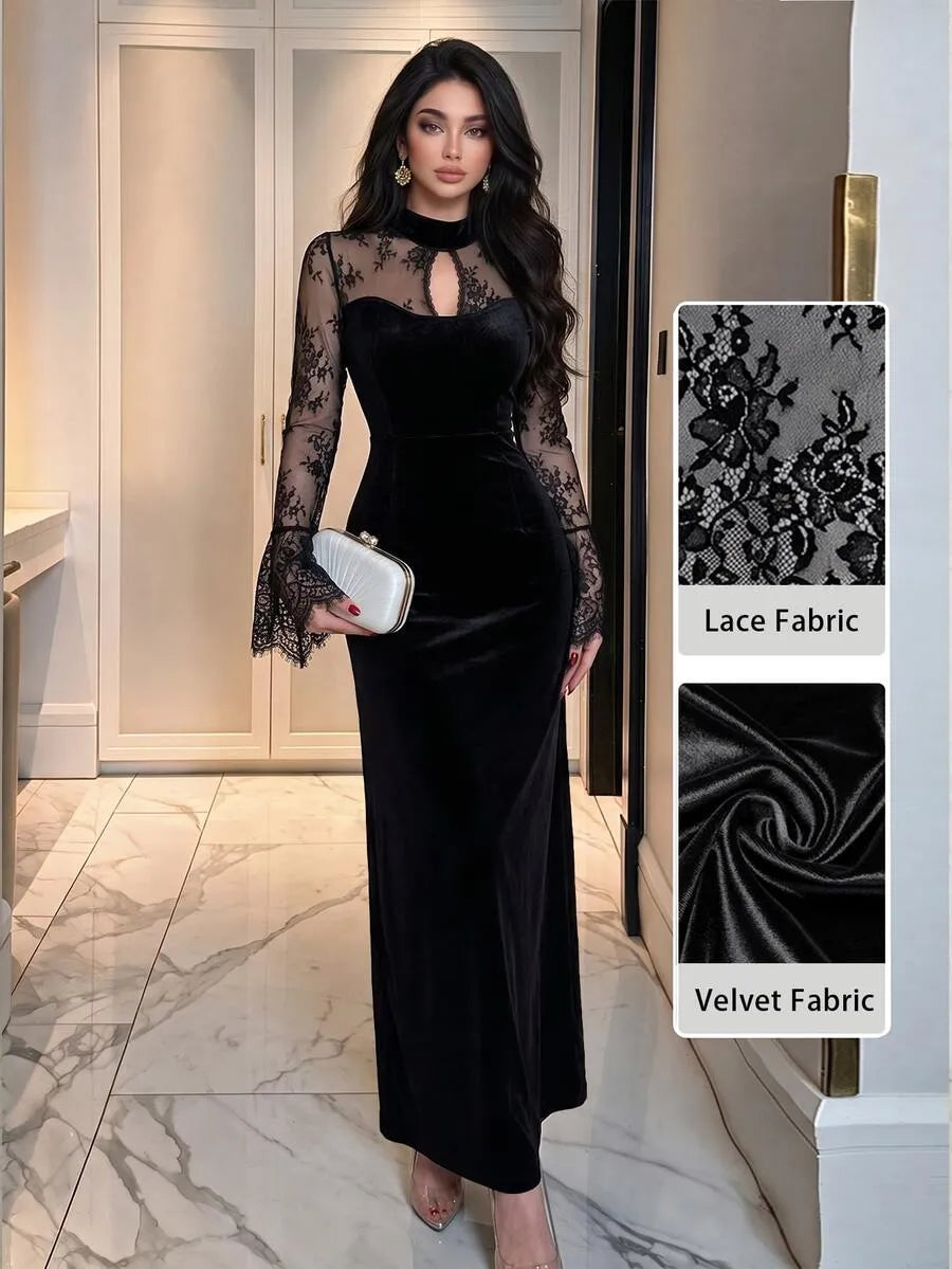 SHEIN Modelyn فستان طويل ضيق بياقة عالية وأكمام واسعة وتفاصيل مخمل ودانتيل بلون أسود