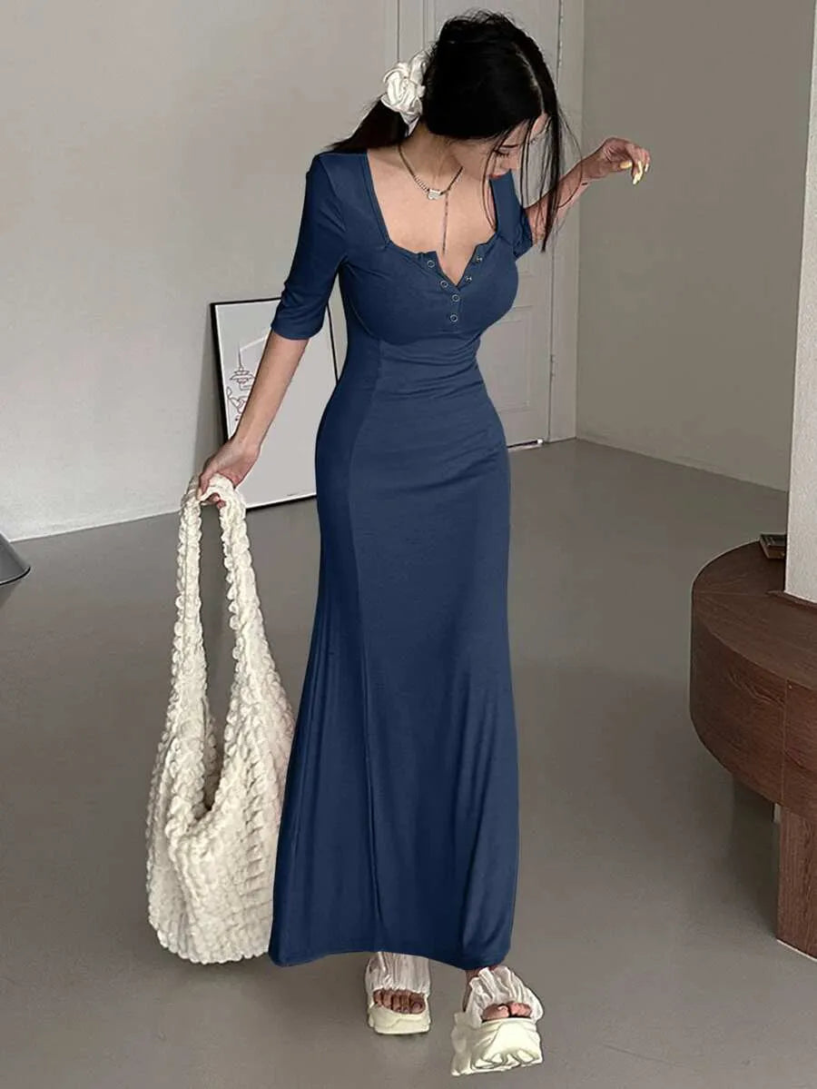SHEIN DAZY فستان ماكسي بياقة مربعة وأكمام نصفية وفتحة أمامية بلون أزرق بحري