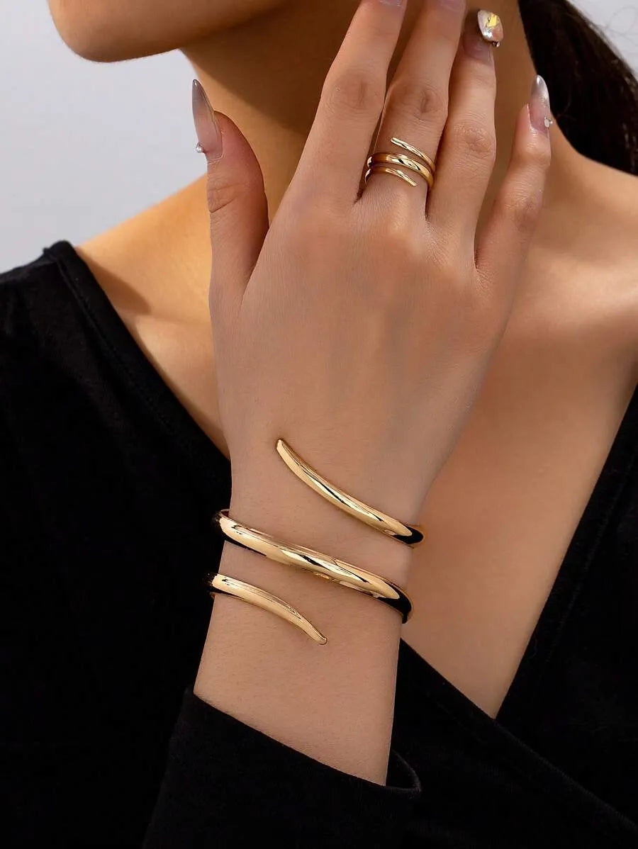 SHEIN طقم أساور وخواتم نسائي بتصميم هندسي خطي بلون ذهبي أصفر
