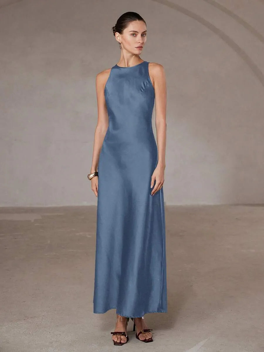 SHEIN Aveloria Modichic فستان أزرق طويل أسيمتري ساتان أسيتات بدون أكمام