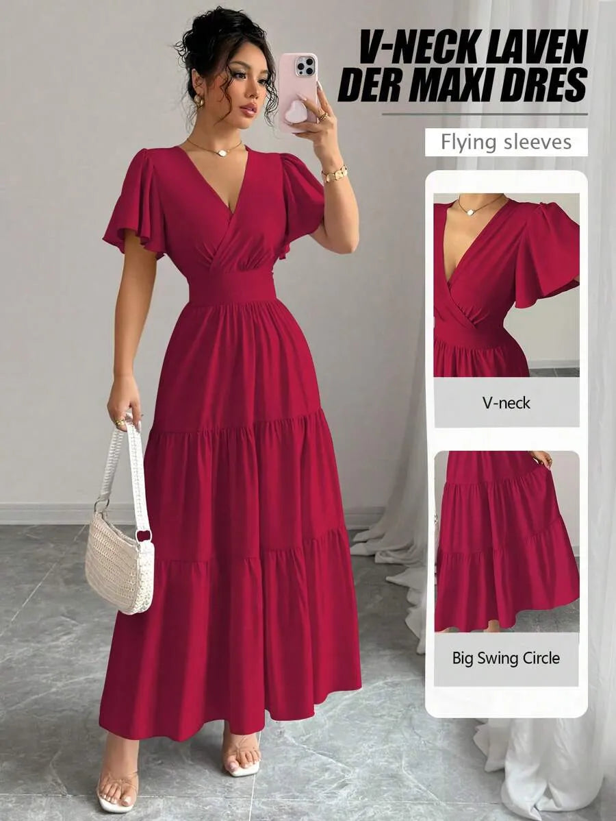 SHEIN Elenzga فستان طويل بياقة وأكمام واسعة وخصر مرتفع بتصميم ملفوف بلون عنابي