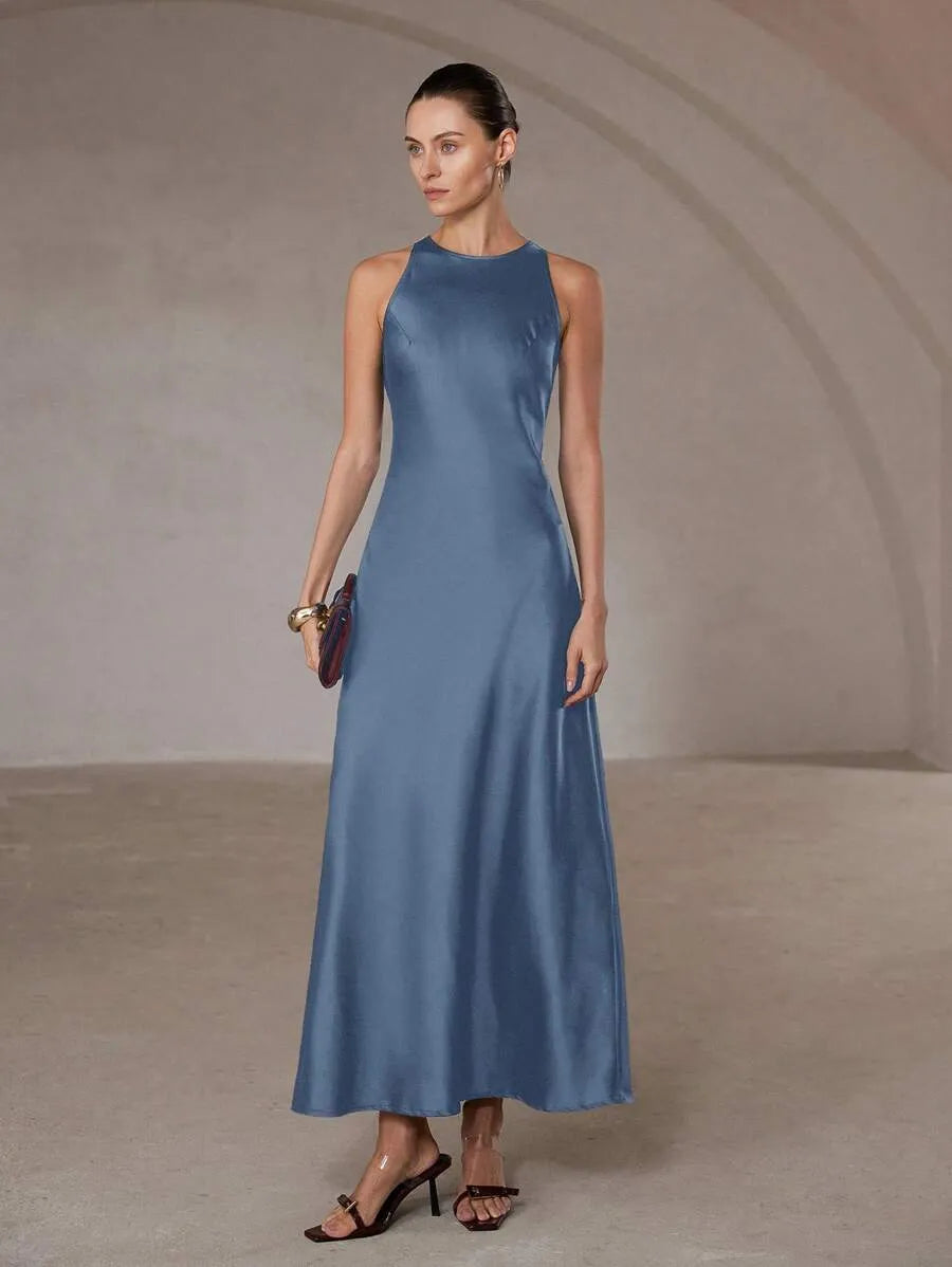 SHEIN Aveloria Modichic فستان أزرق طويل أسيمتري ساتان أسيتات بدون أكمام