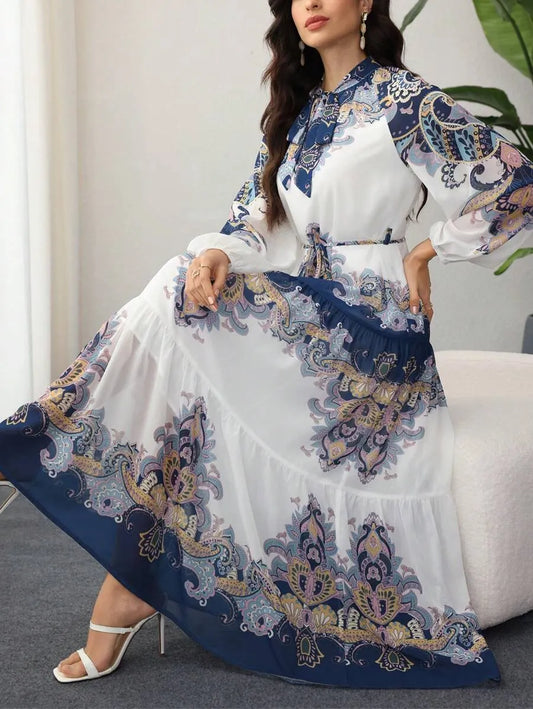 SHEIN Lacomfia فستان طويل بربطة أمامية وأكمام فوانيس بنقشة باروكو بلون أزرق