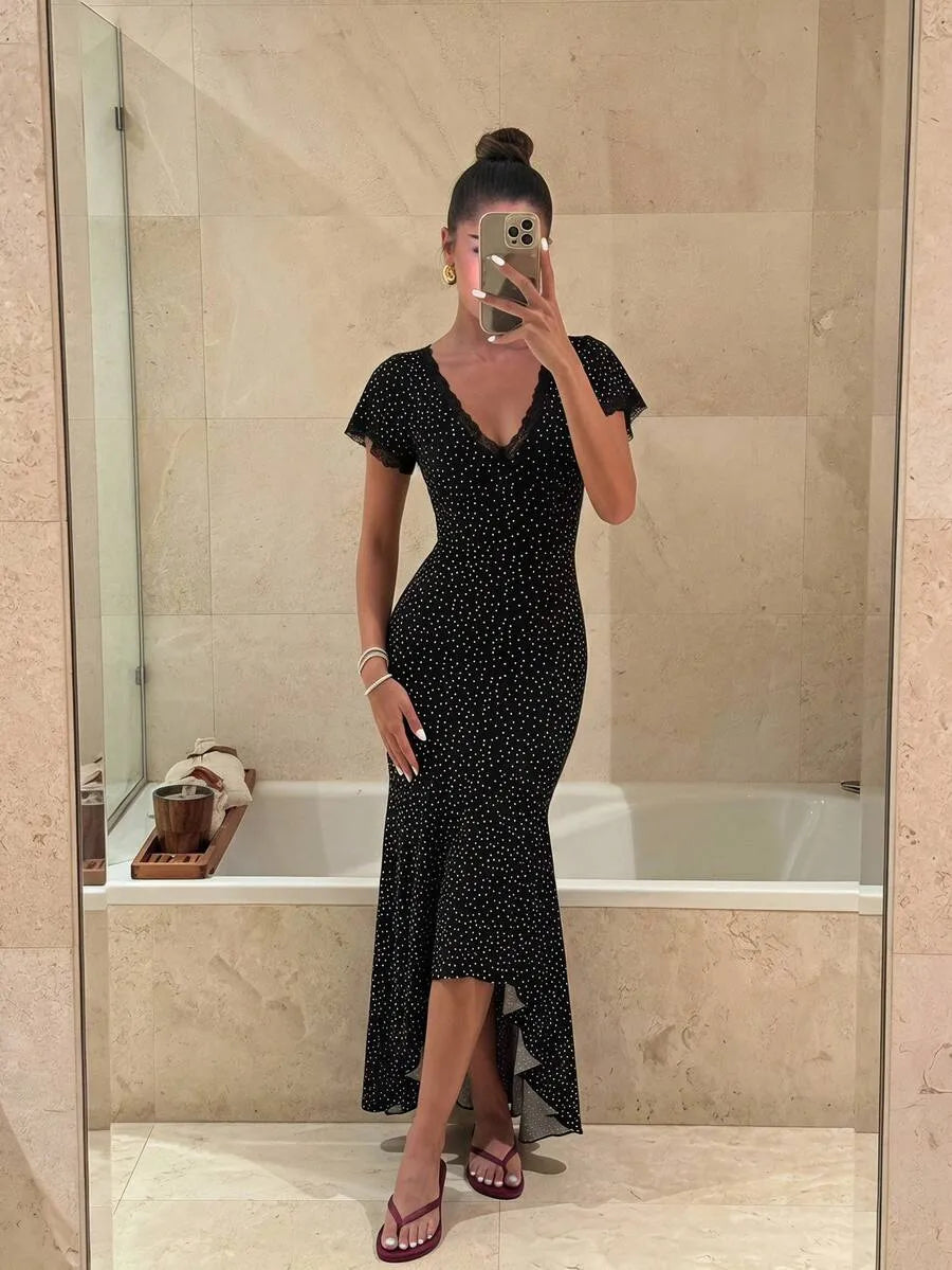 SHEIN Sunnyshic فستان نسائي أبيض وأسود صيفي بنقاط بولكا وكشكشة أكمام قصيرة