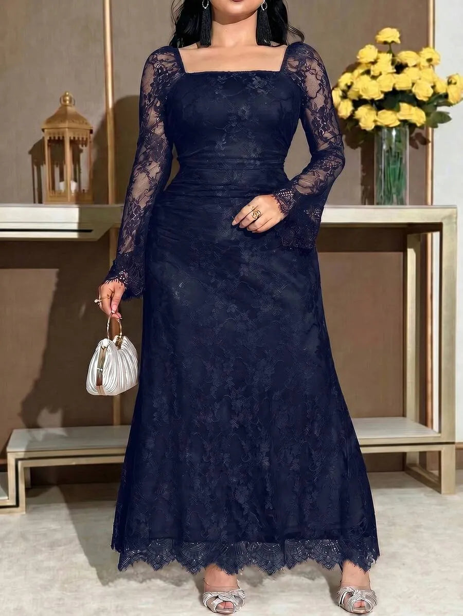 SHEIN Feyla فستان نسائي من الدانتيل بياقة وأكمام طويلة بلون أزرق بحري