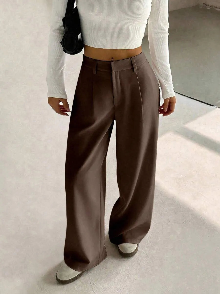 SHEIN Flirla بنطال نسائي واسع بخصر منخفض بلون بني