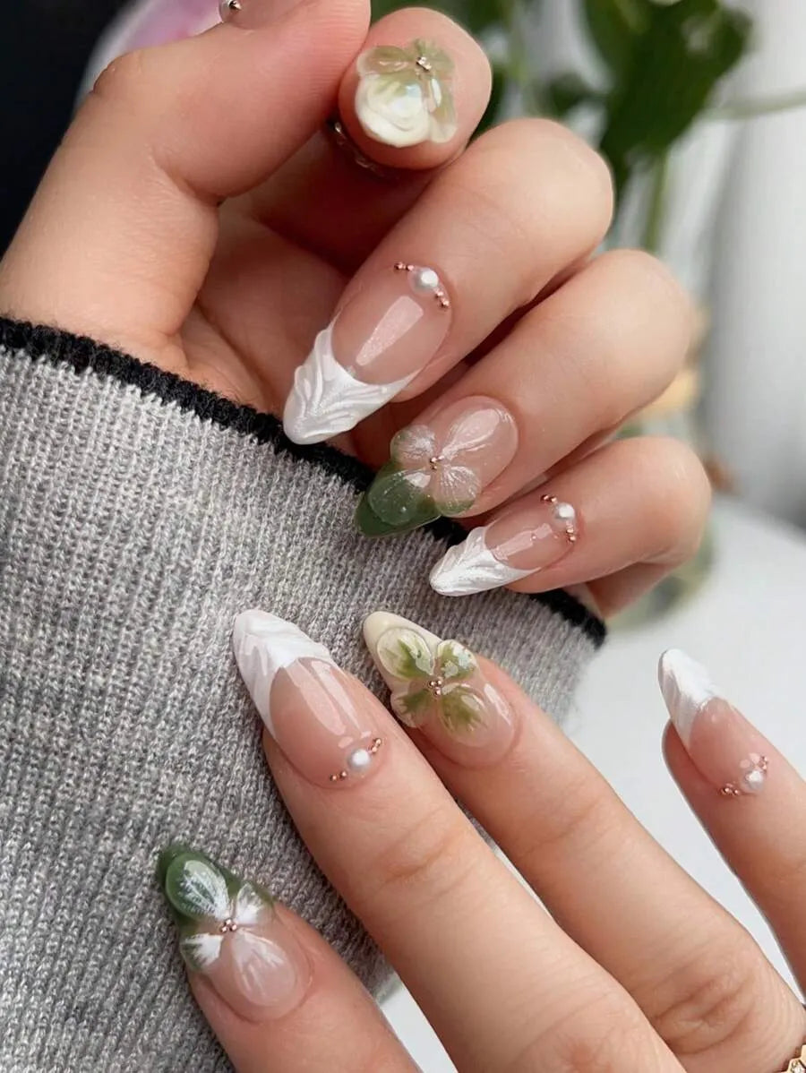 SHEIN أظافر صناعية 24 قطعة متوسطة بشكل لوز بتصميم زهور ثلاثي الأبعاد