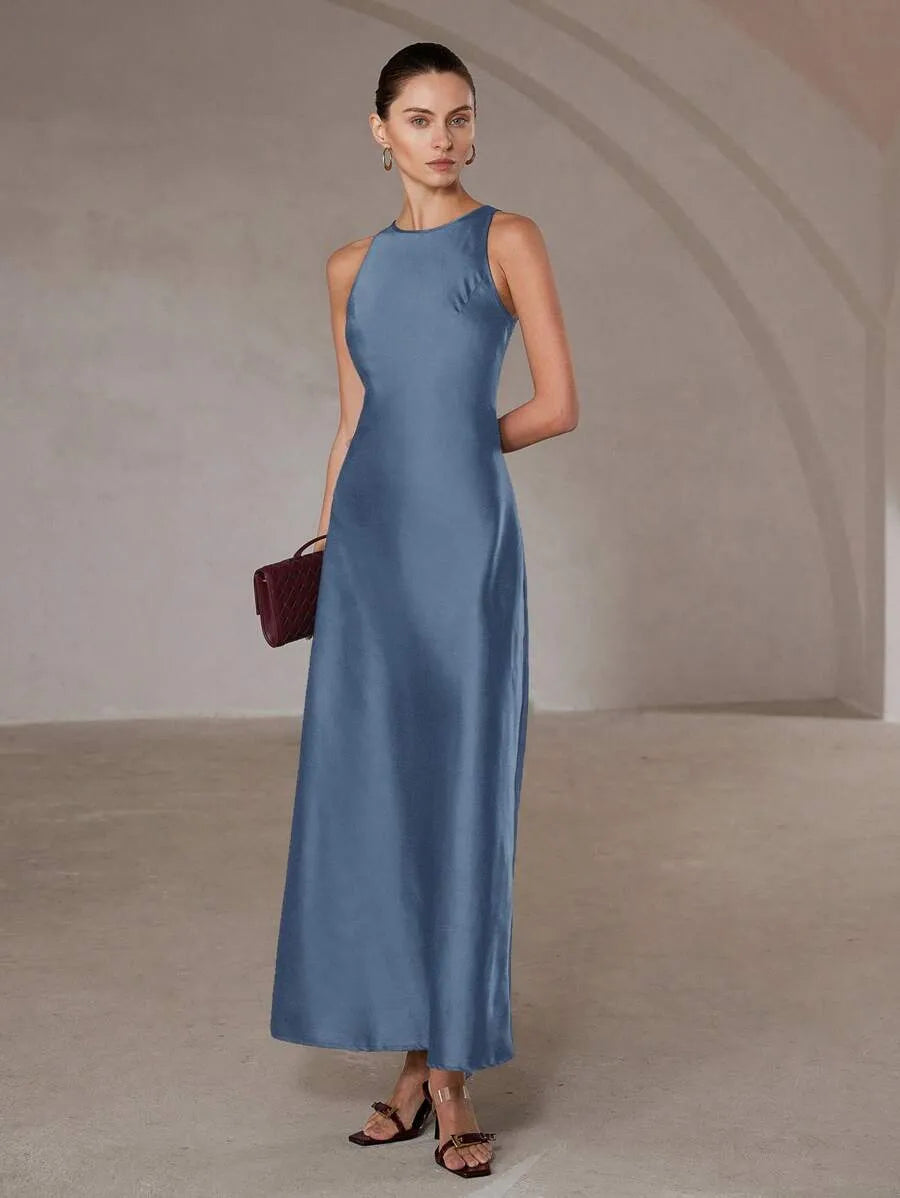 SHEIN Aveloria Modichic فستان أزرق طويل أسيمتري ساتان أسيتات بدون أكمام
