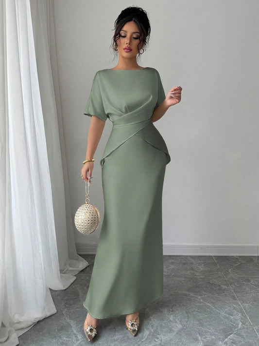 SHEIN Elenzga فستان ساتان لامع بلون أخضر رمادي