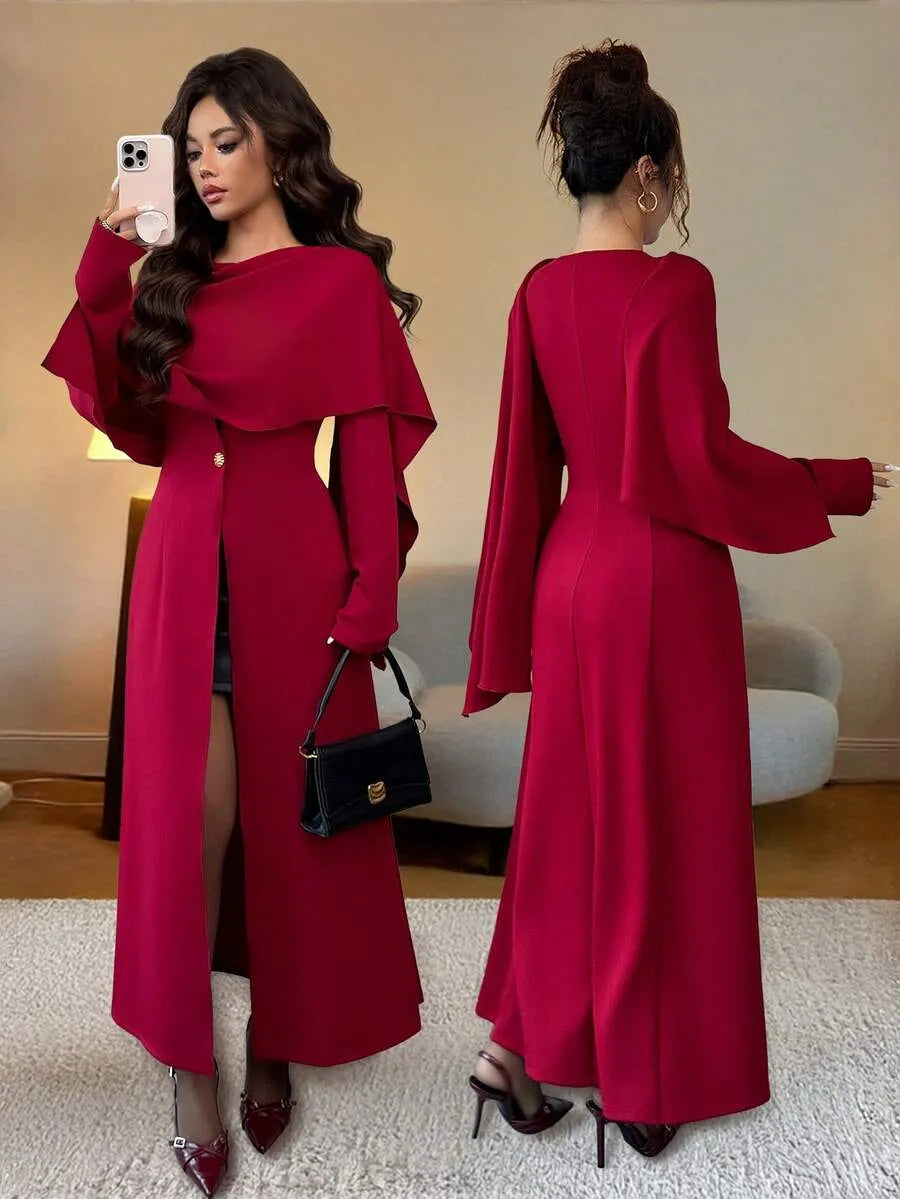 SHEIN Elenzga فستان طويل بياقة غير متماثلة وأكمام واسعة وأزرار معدنية بلون أحمر عنابي