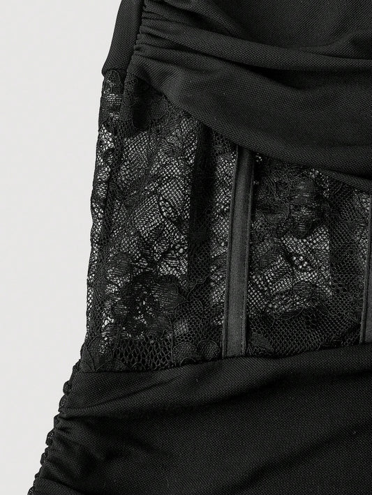 SHEIN MOD فستان أبيض دانتيل وشبك مجعد