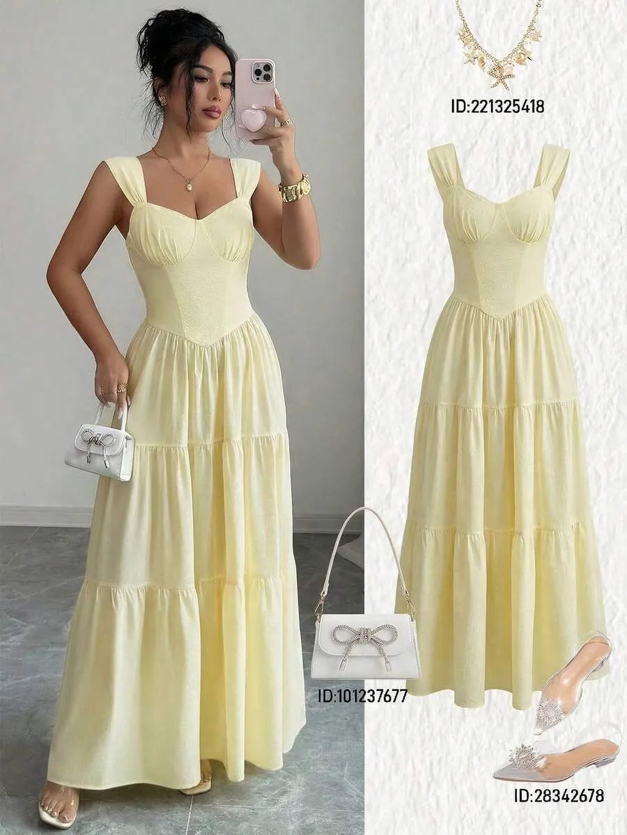 SHEIN Elenzga فستان طويل أصفر بياقة مربعة وحمالات عريضة وطبقات مكشكشة