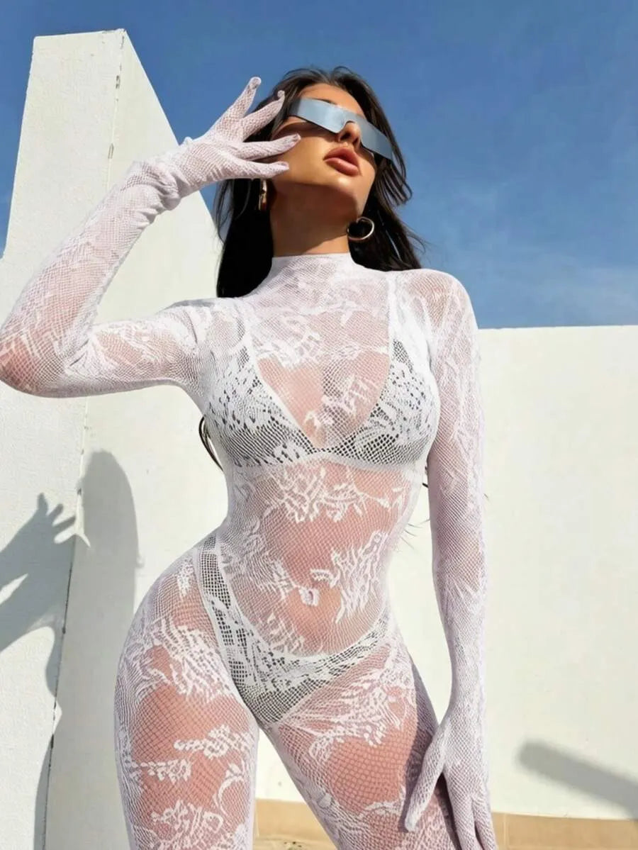 SHEIN جمبسوت لانجري نسائي طويل الأكمام مفرغ وشفاف بياقة عالية بلون أبيض