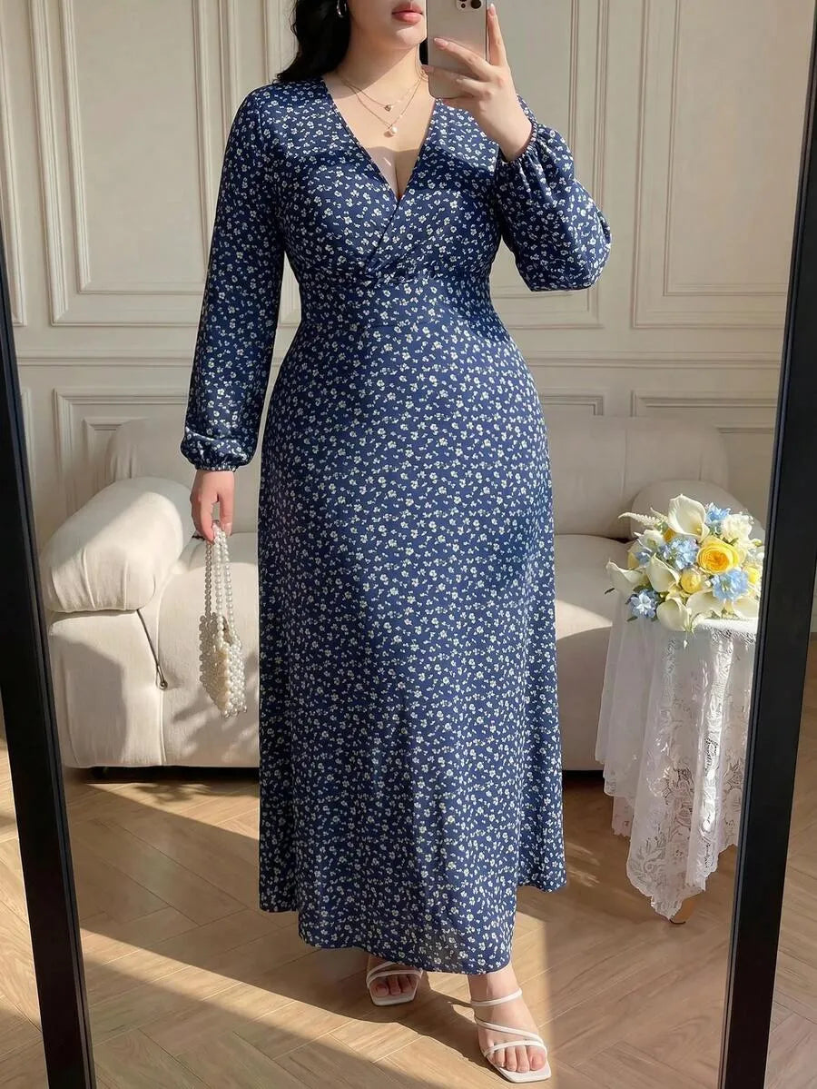SHEIN Vibekara فستان نسائي بياقة وأكمام فانوس بنقشة زهور بلون أزرق بحري