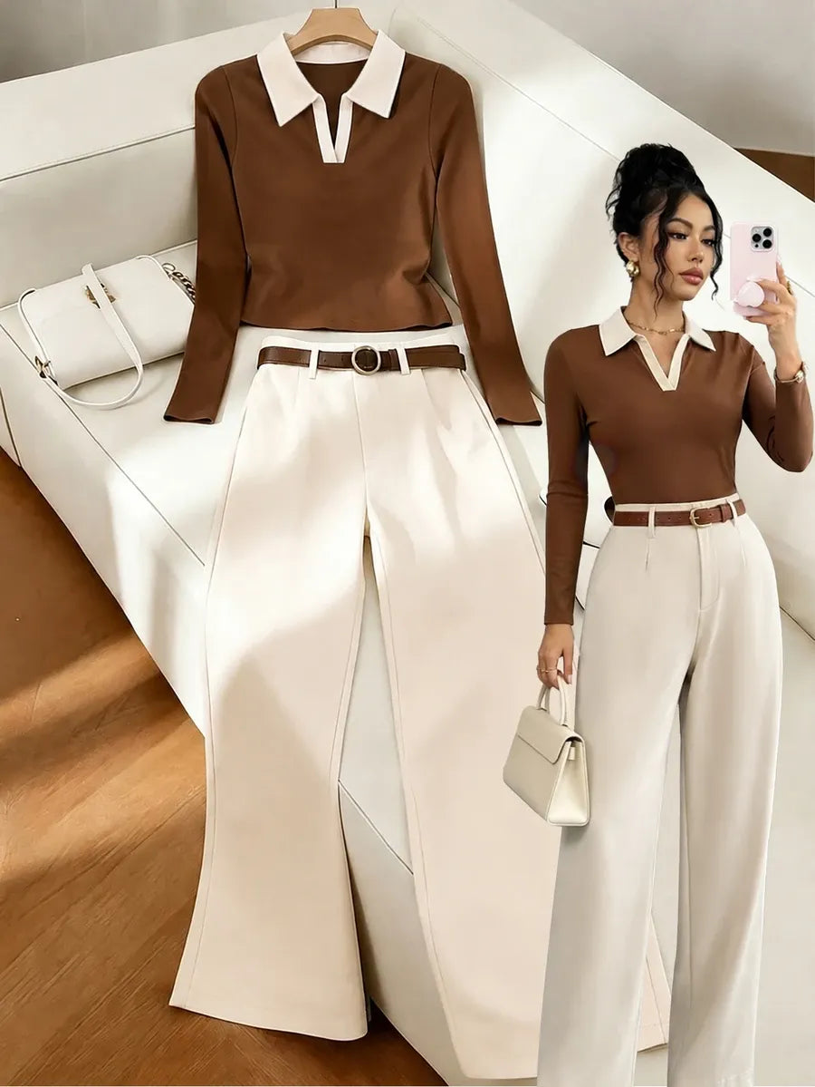 SHEIN Raffinéa طقم نسائي قطعتين تي شيرت بولو وبنطال طويل بتصميم متباين بلون بني وبيج