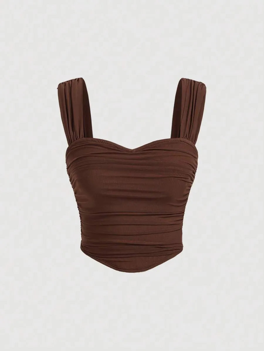 SHEIN MOD توب نسائي مكشكش بأشرطة كتف عريضة بلون بني شوكولاتة