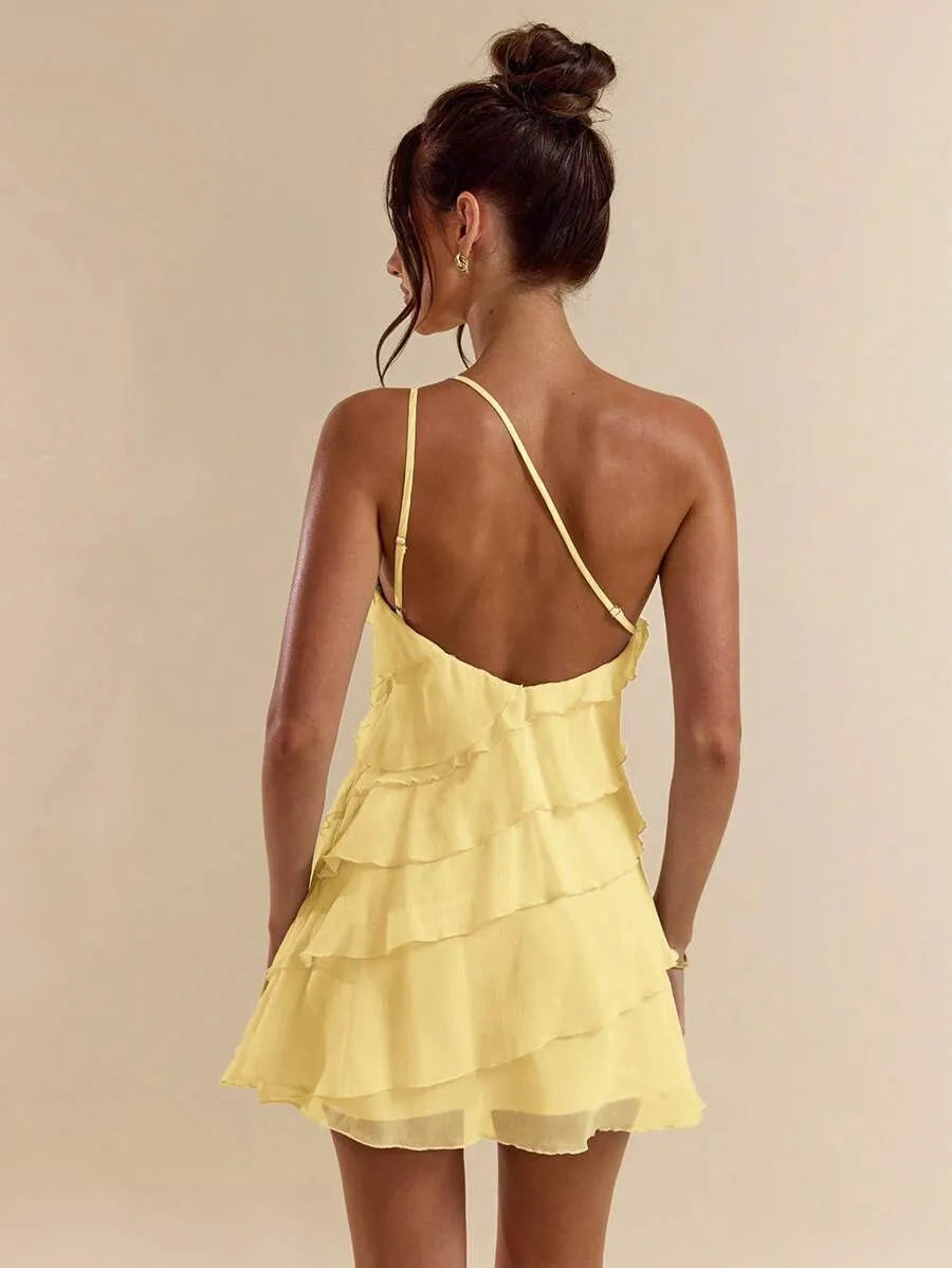 SHEIN BAE فستان بلون أصفر ميني بطبقات متعددة وبظهر مكشوف