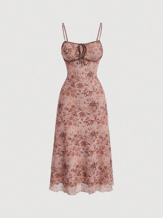 SHEIN MOD فستان ميدي مطبوع بالورود مكشوف الكتف