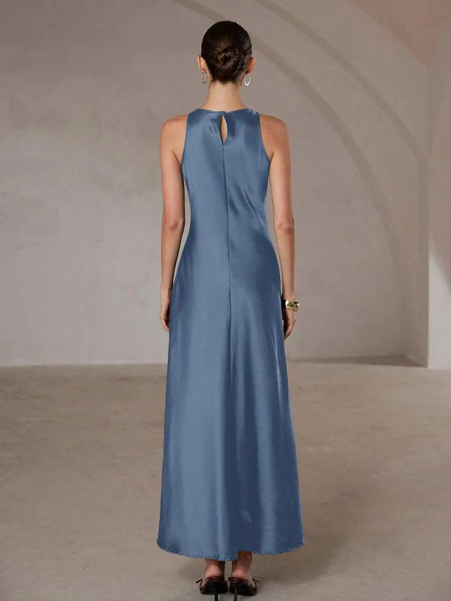 SHEIN Aveloria Modichic فستان أزرق طويل أسيمتري ساتان أسيتات بدون أكمام