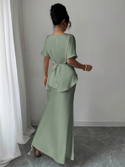 SHEIN Elenzga فستان ساتان لامع بلون أخضر رمادي