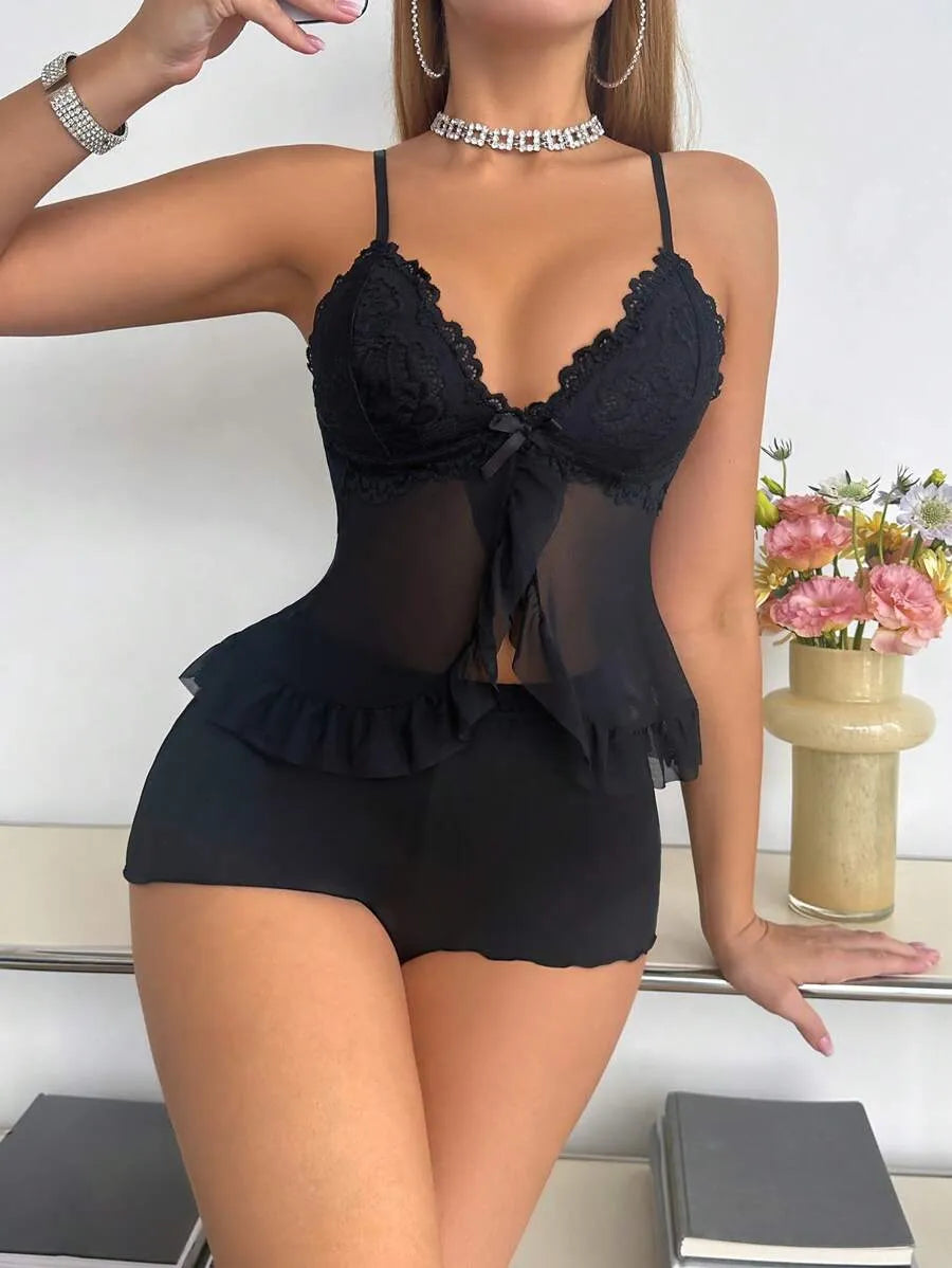 SHEIN طقم نوم قطعتين دانتيل وشبك بلون أسود