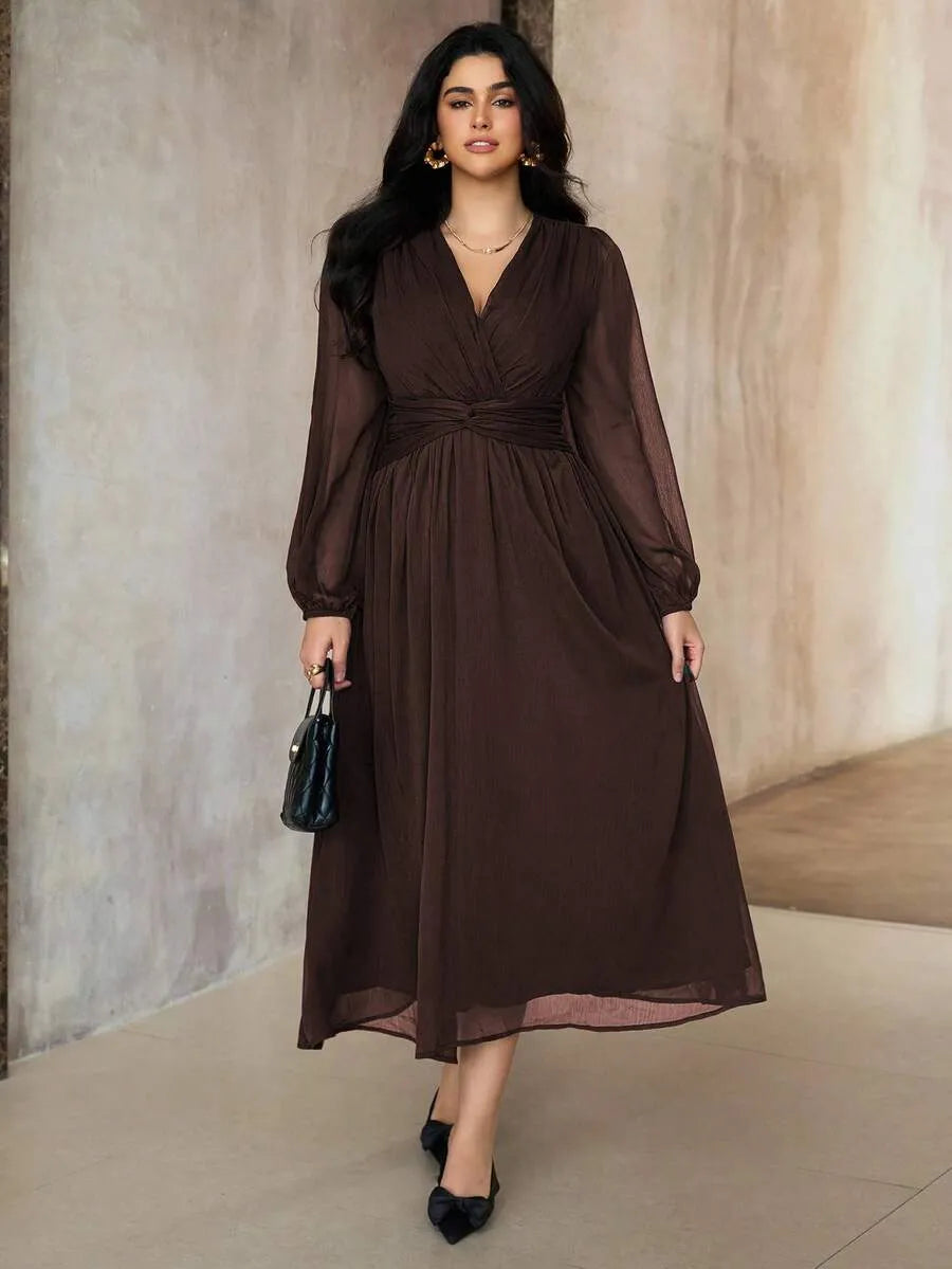 SHEIN Roveilla فستان نسائي بياقة وأكمام فانوس بلون بني شوكولاتة