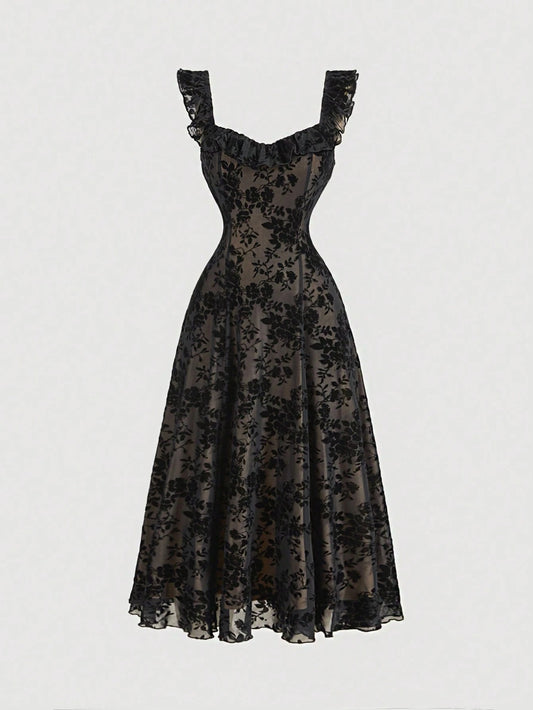 SHEIN MOD فستان نسائي مزخرف بزهور وكشكشة ودانتيل