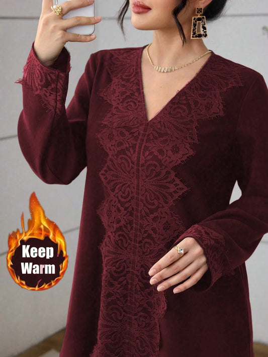 SHEIN Al Najma فستان كاجوال بتطريز دانتيل أخضر زيتوني طراز عربي