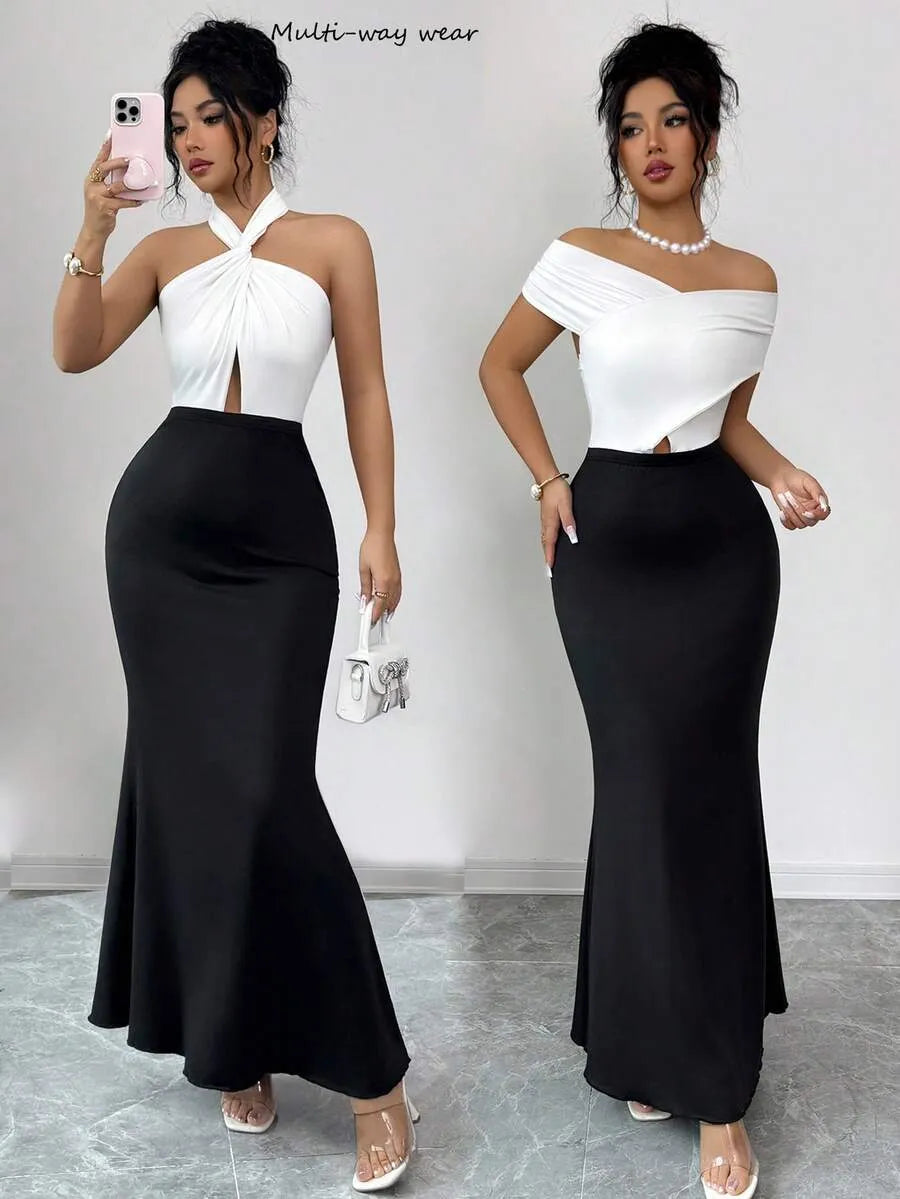 SHEIN Rafferiza فستان ماكسي أسود وأبيض ضيق أنيق