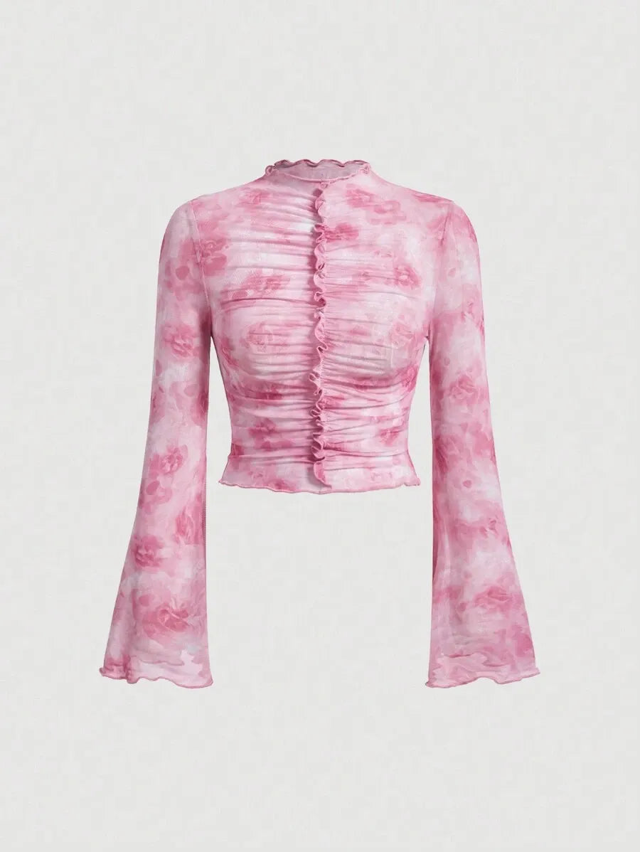 SHEIN MOD توب نسائي بأكمام جرس طويلة ونقشة زهور بلون وردي