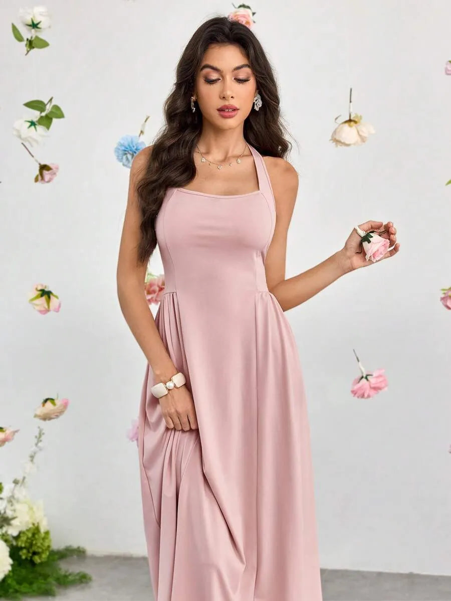 SHEIN Modelyn فستان وردي بفتحة ظهر وكشكشة عند الحواف