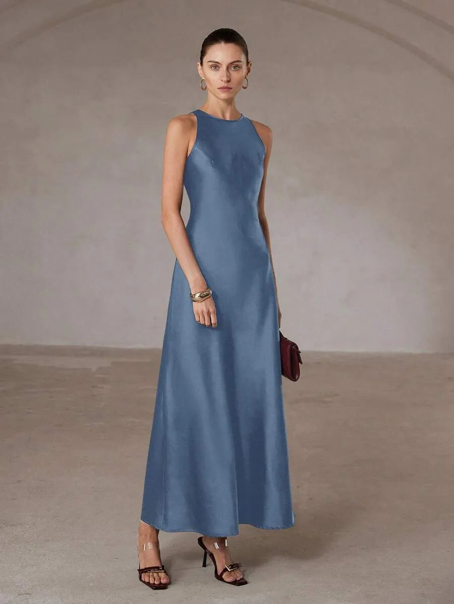 SHEIN Aveloria Modichic فستان أزرق طويل أسيمتري ساتان أسيتات بدون أكمام