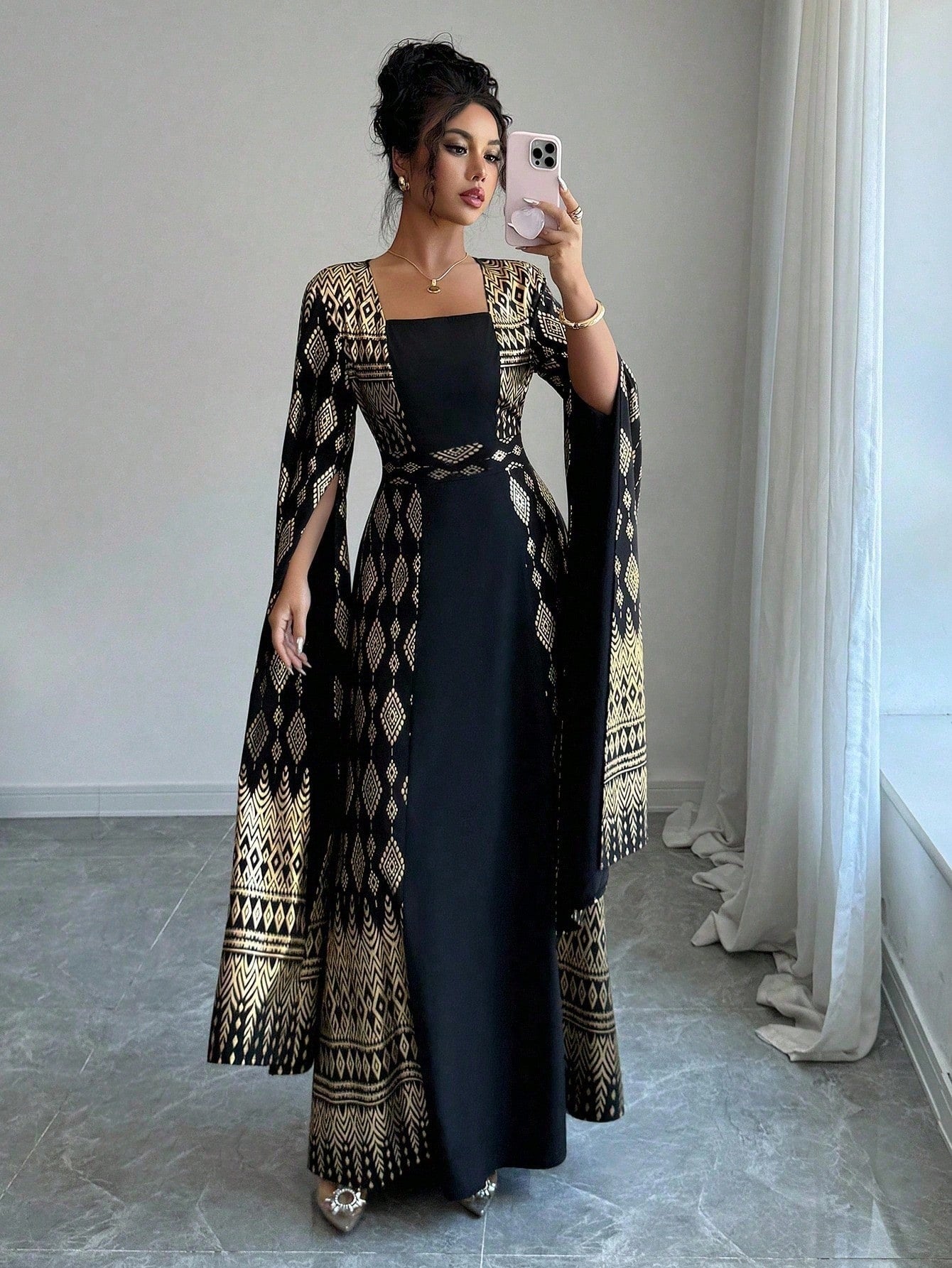 SHEIN Rafferiza فستان طويل مطبوع بأكمام منتفخة وياقة مربعة