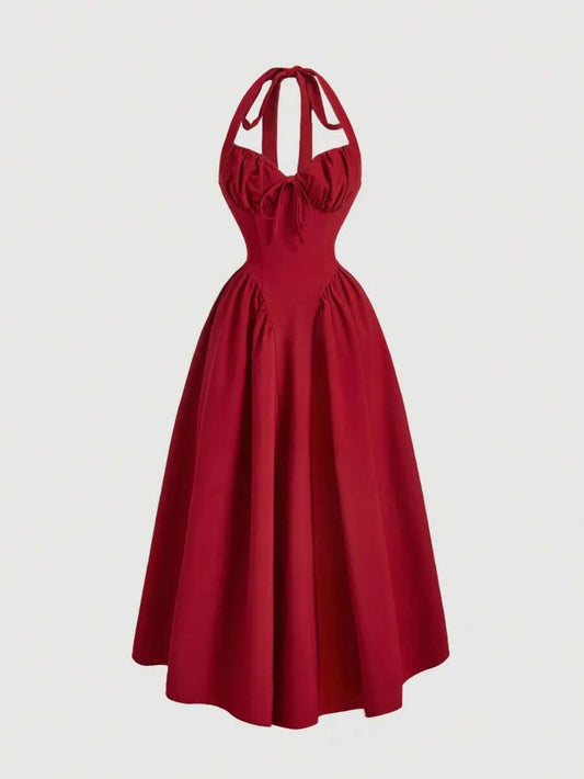 SHEIN MOD فستان طويل بياقة رسن وربطة عنق وفيونكة بلون أحمر