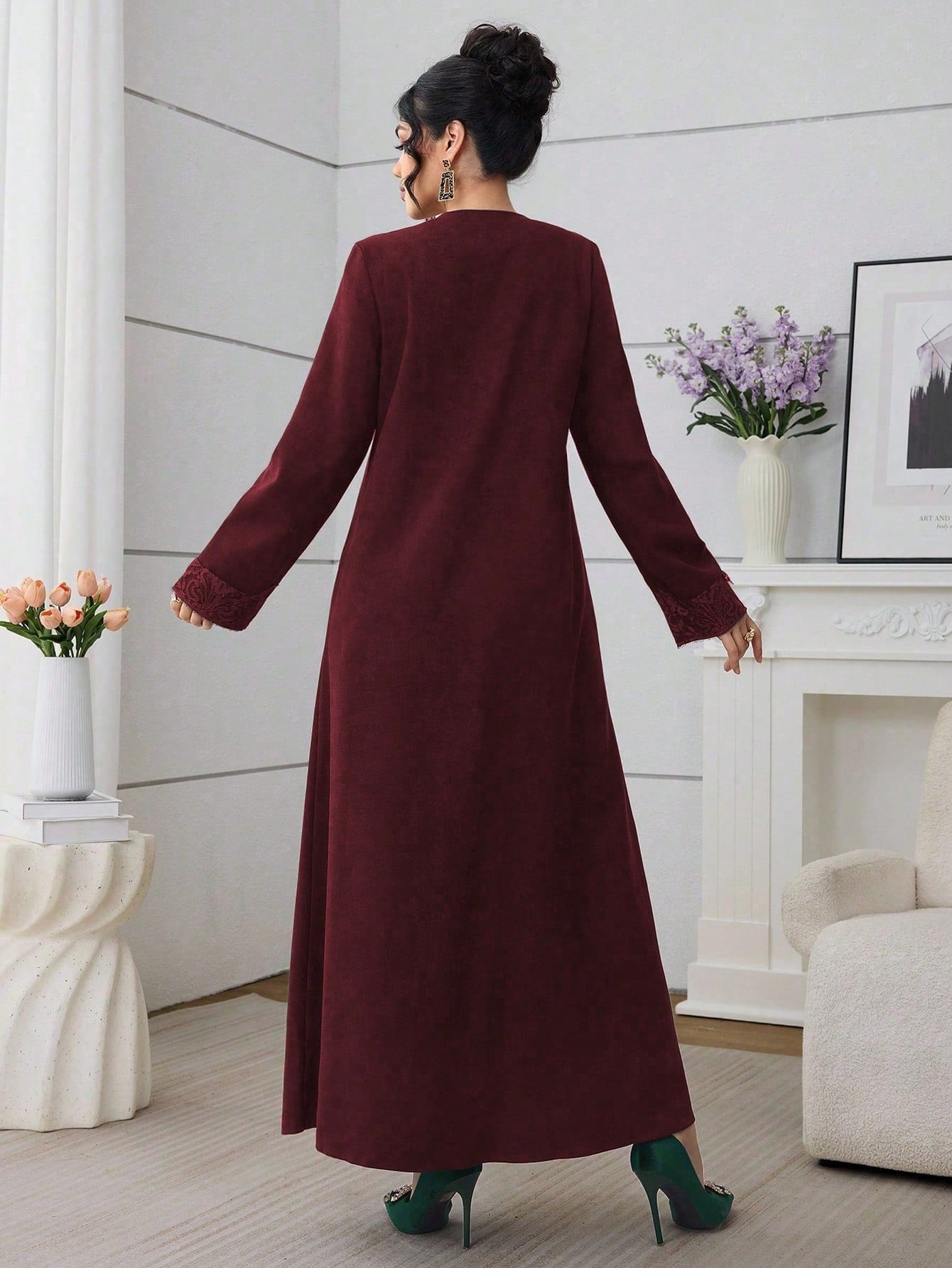 SHEIN Al Najma فستان كاجوال بتطريز دانتيل أخضر زيتوني طراز عربي