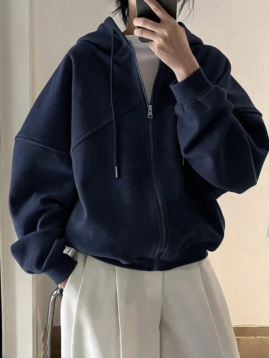 SHEIN INAWLY هودي نسائي فضفاض بسحاب وجيوب بلون أزرق بحري