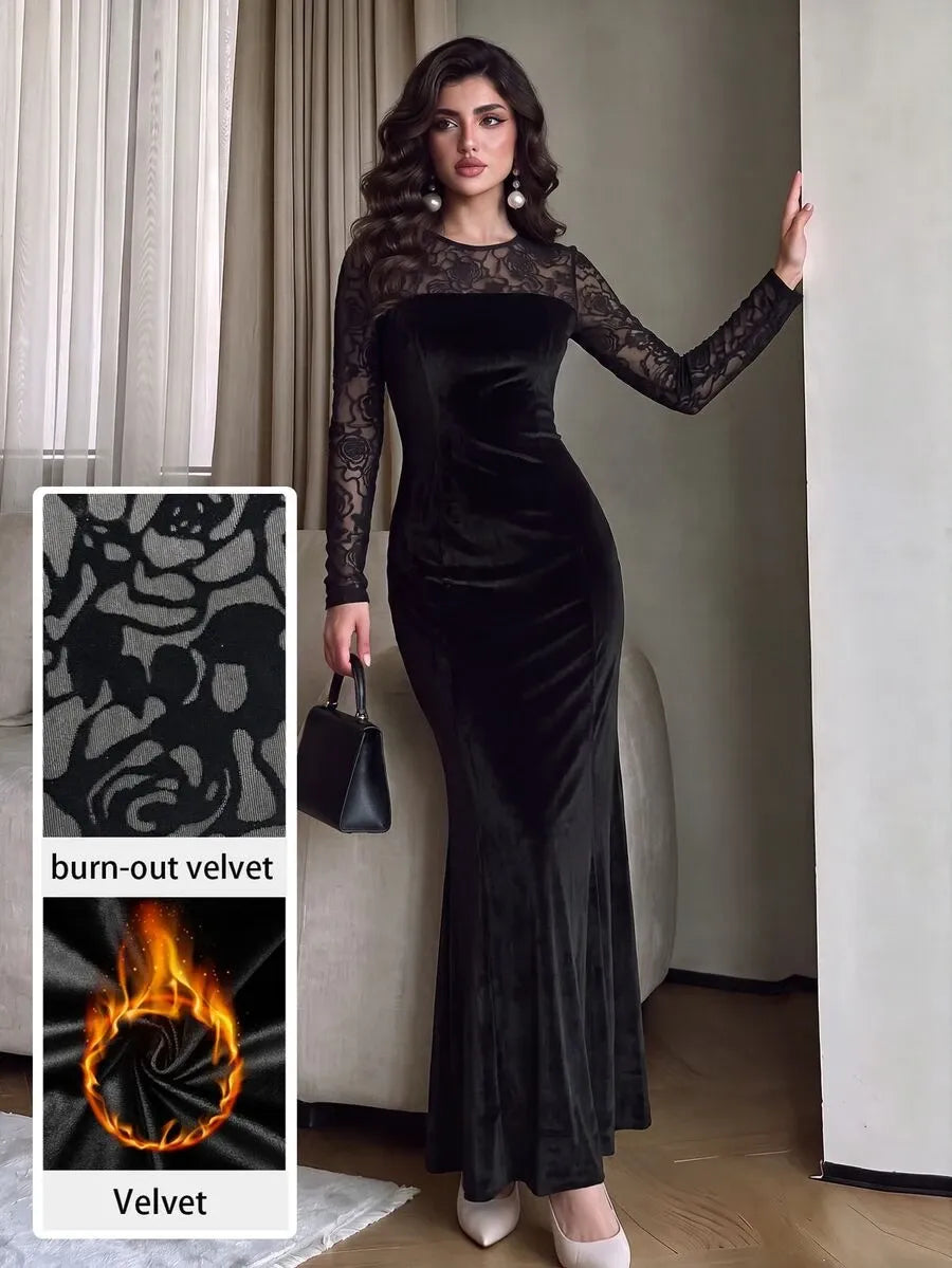 SHEIN Modelyn فستان مخملي طويل بياقة دائرية وتفاصيل دانتيل بلون أسود