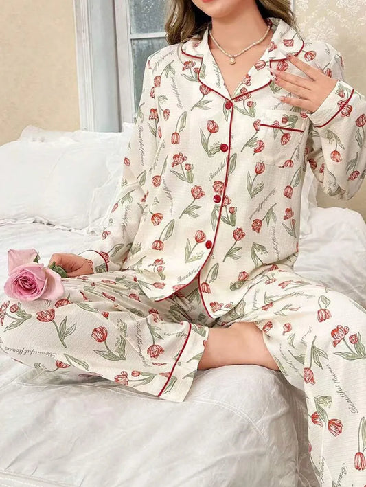SHEIN CottageSlumber طقم بيجامة قطعتين بياقة وأكمام طويلة متعدد الألوان