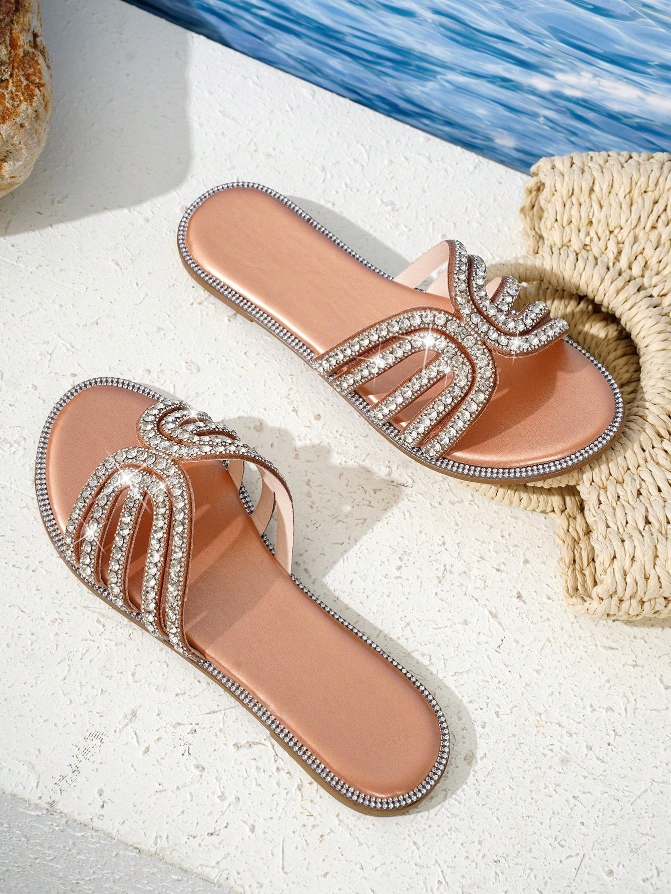 SHEIN شبشب نسائي صيفي مرصع بحجر الراين لون شمبانيي