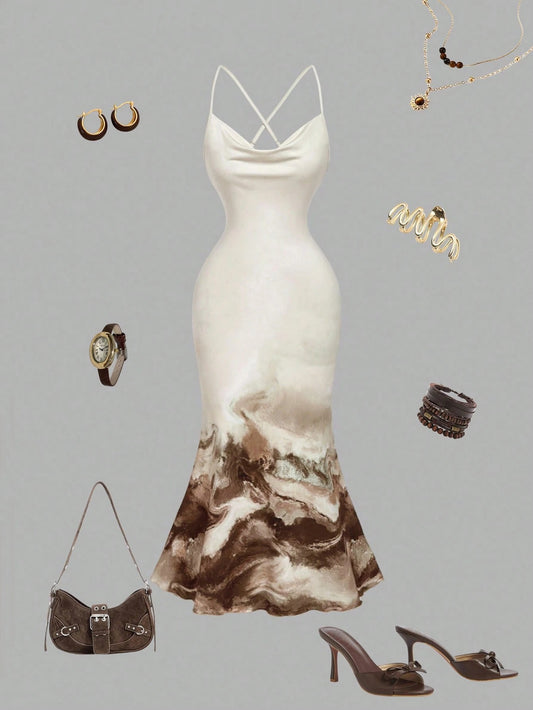 SHEIN MOD تنورة ضيقة ذيل سمكة بصبغة ربطة عنق ورقبة عميقة