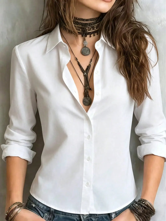SHEIN قميص نسائي أبيض أنيق بأكمام طويلة لإطلالة رسمية ومحترفة