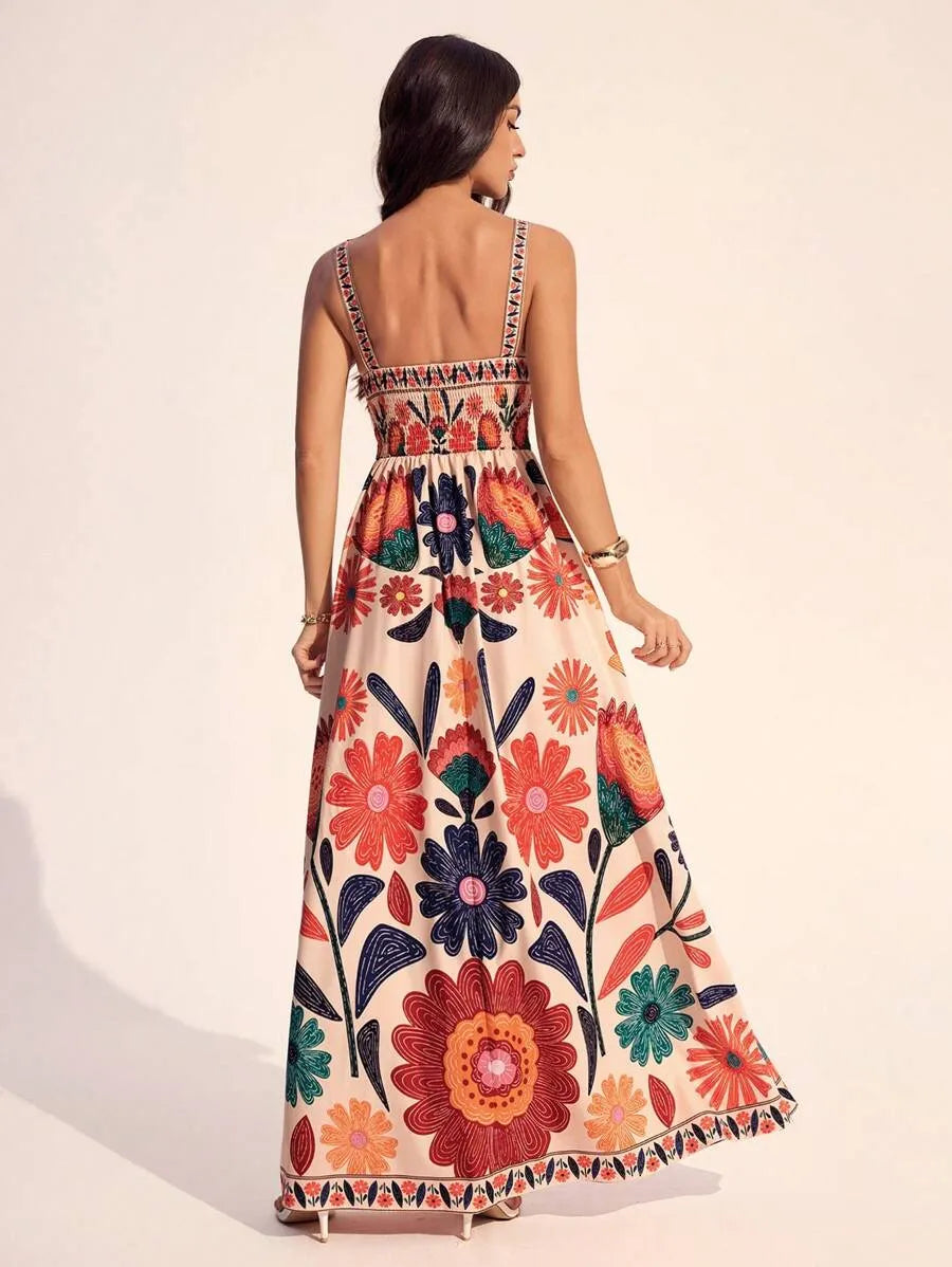 SHEIN Tall فستان نسائي ماكسي بحمالات رفيعة وخصر مجمع ونقشة زهور بلون مشمشي