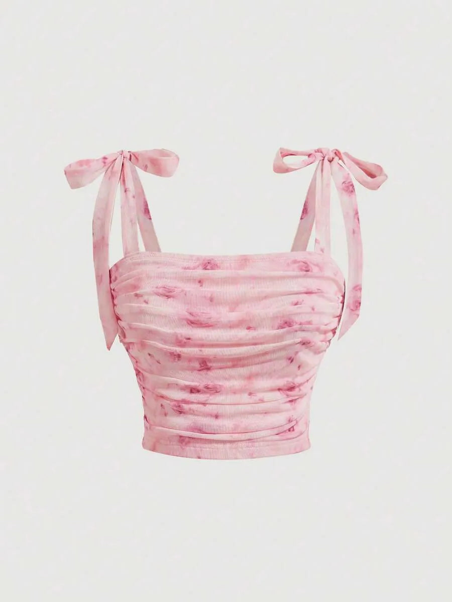 SHEIN MOD توب نسائي قصير بكتف عريض وربطة ونقشة زهور بلون وردي