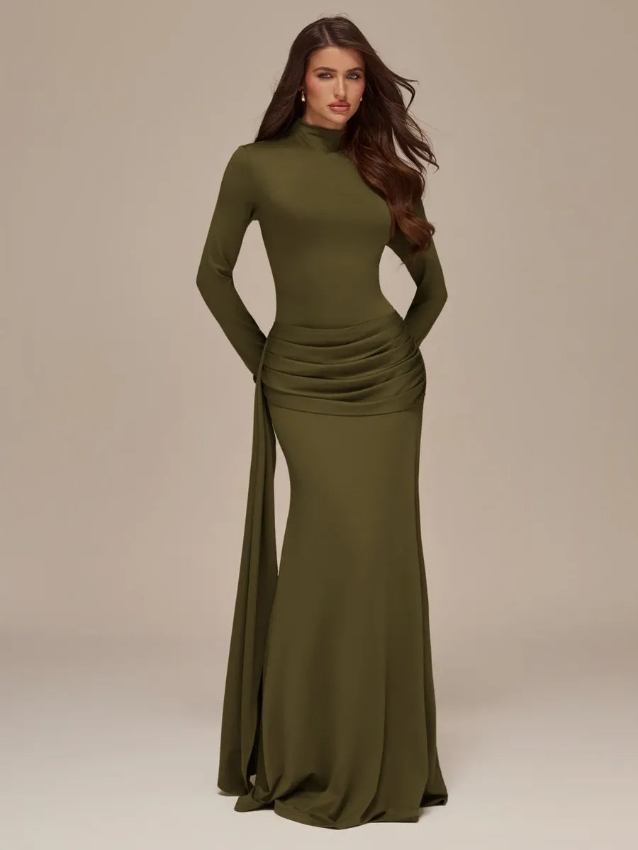 SHEIN BAE فستان محبوك ماكسي بياقة عالية وربطة أمامية بلون أخضر عسكري