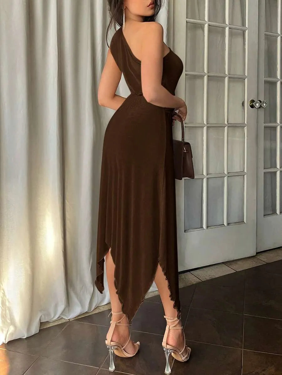 SHEIN Firerie فستان نسائي أنيق كوفي أحادي الكتف مع عقدة مفصلة وحافة غير متماثلة