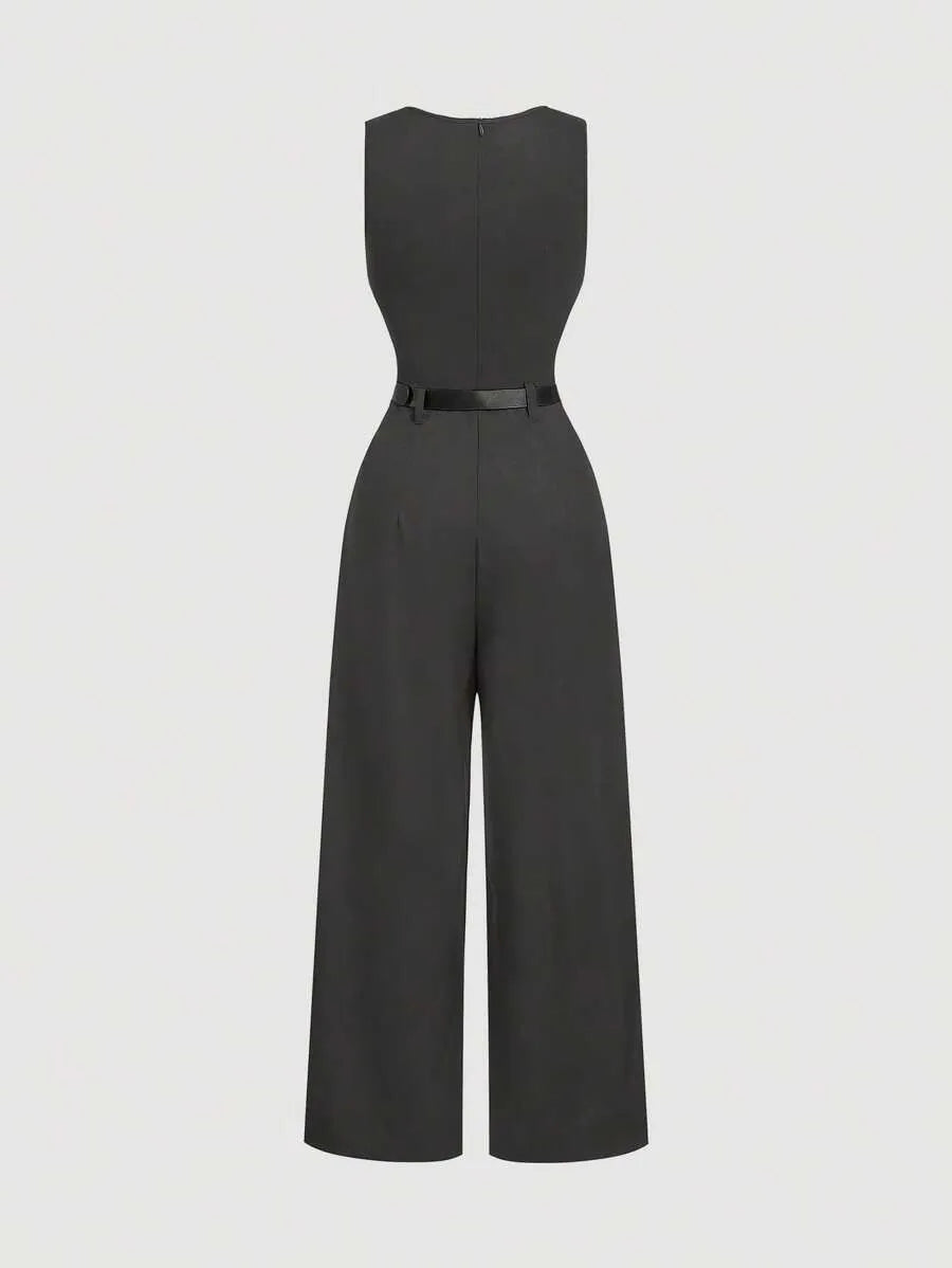 SHEIN MOD جمبسوت رمادي داكن بكشكشة جانبية وحزام خصر من