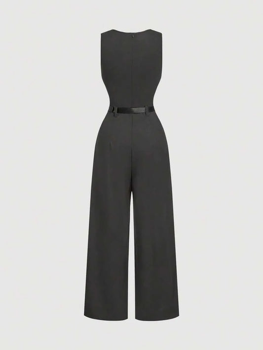 SHEIN MOD جمبسوت بلون رمادي غامق بخصر واسع وقصة فضفاضة بدون أكمام