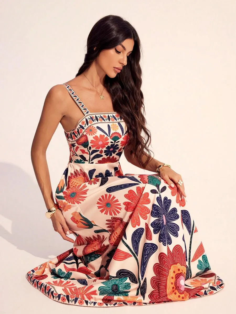 SHEIN Tall فستان نسائي ماكسي بحمالات رفيعة وخصر مجمع ونقشة زهور بلون مشمشي