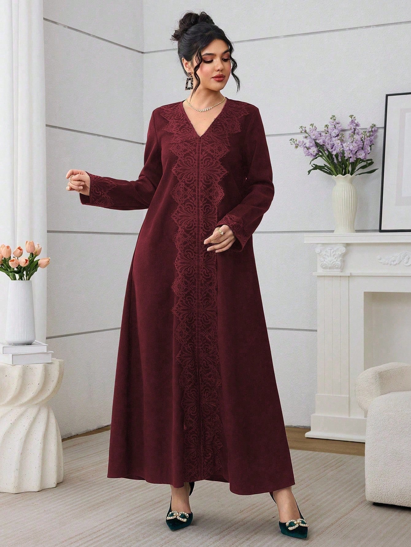SHEIN Al Najma فستان كاجوال بتطريز دانتيل أخضر زيتوني طراز عربي