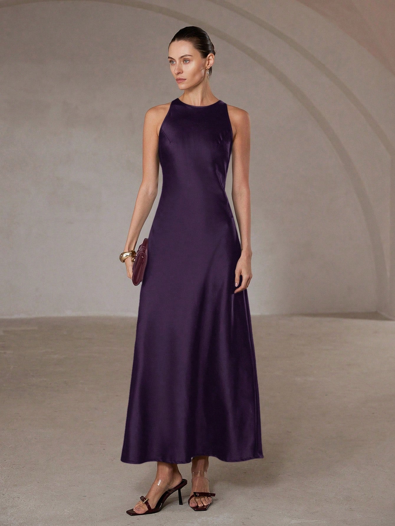 SHEIN Aveloria Modichic فستان ساتان غير متماثل بدون أكمام